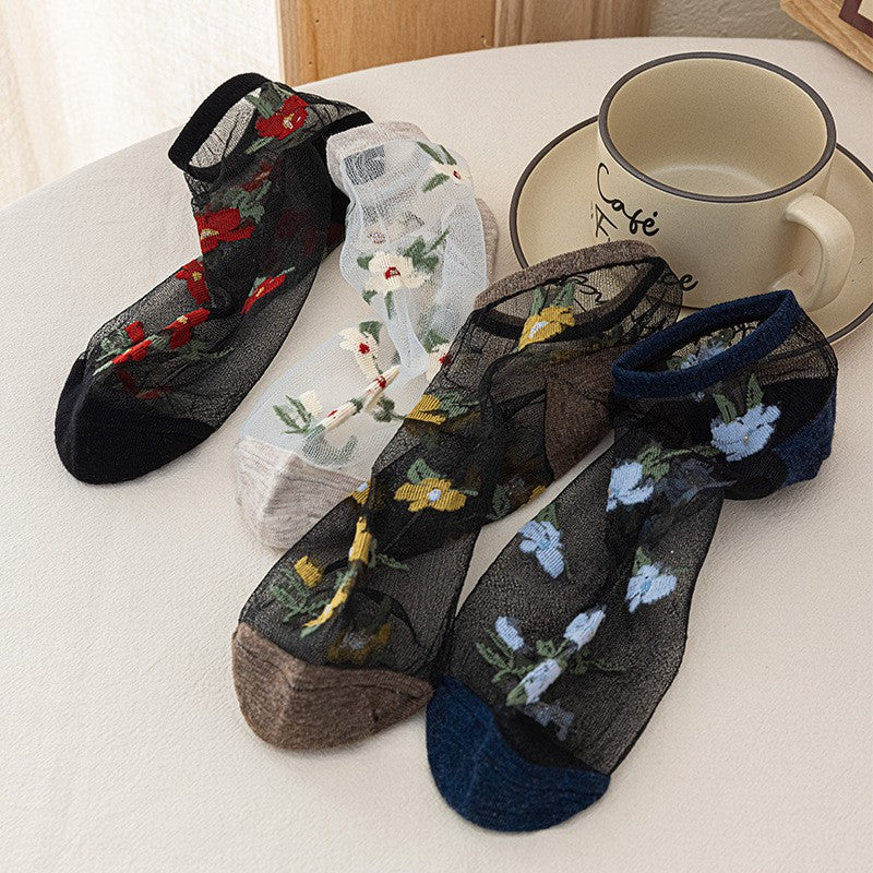 5pairs Spring Summer New Ship Socks Women's Flower Ship Socks Breathable Glass Fiber Ship Socks