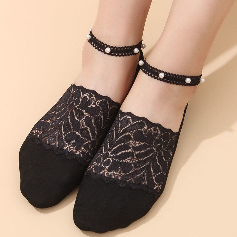 Deep Mouth Lace Lace Elastic Band Bead Boat Socks Fashionable And Versatile With Invisible Socks For Women