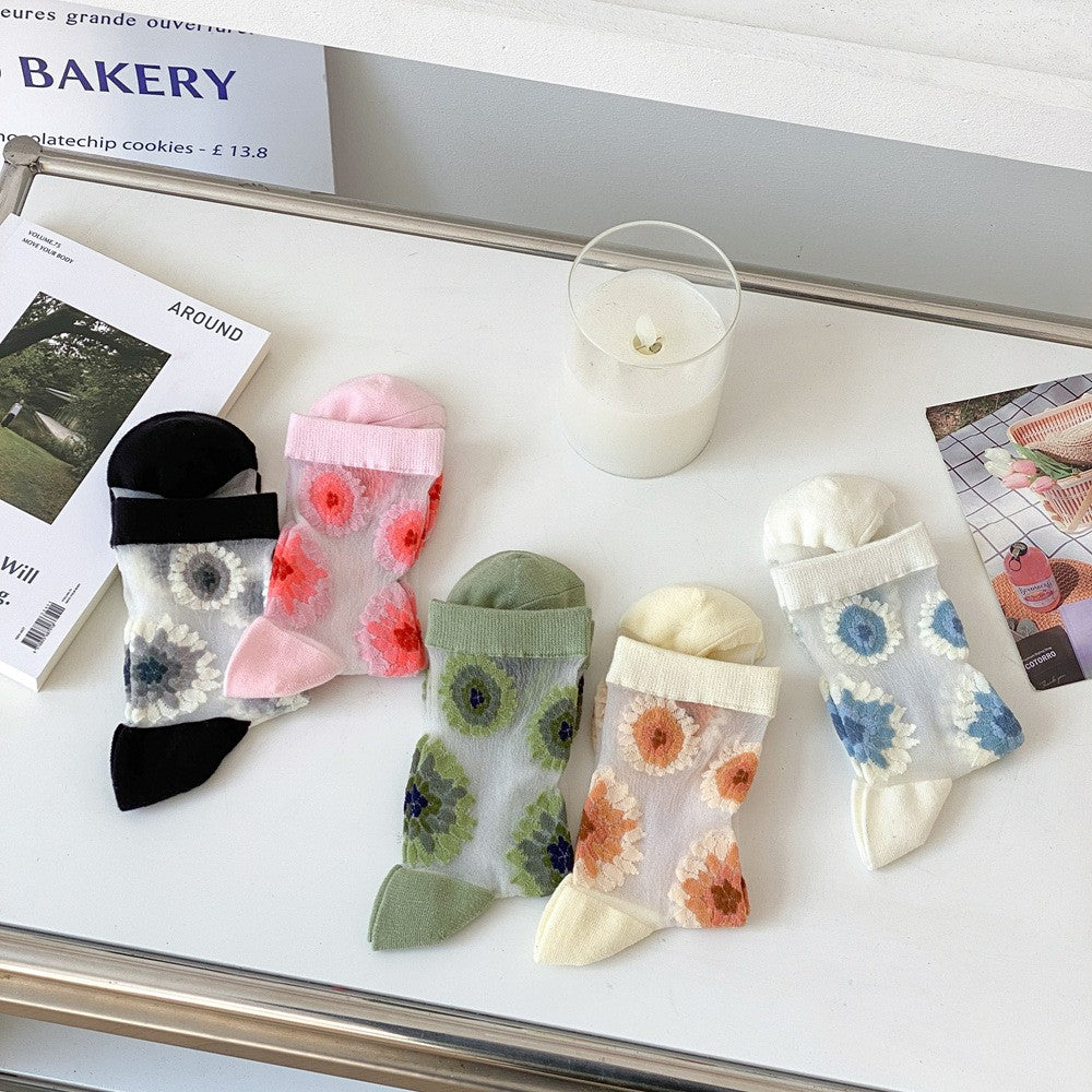 Spring And Autumn Boneless Retro Small Flowers Summer Stacking Socks For Girls Ice Silk Socks Trendy Thin Middle Tube Socks For Women