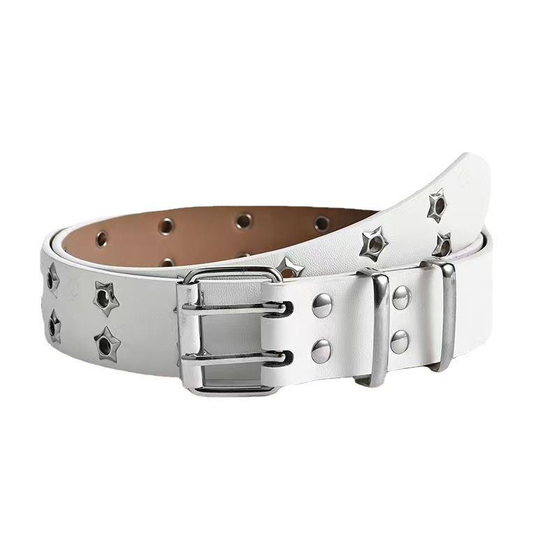 Double-Row Eyelet Belt With Hollowed-Out Design Casual Punk Leather Belt For Women