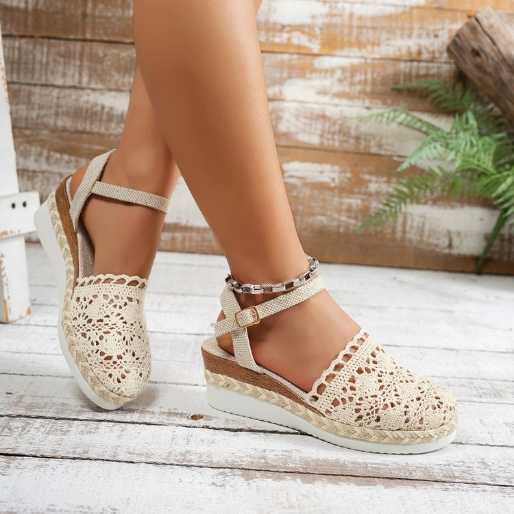 Straw-woven Wedge Sandals Womens Summer Platform Thick-soled Waterproof High Heels