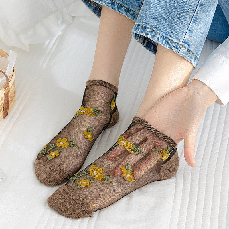 5pairs Spring Summer New Ship Socks Women's Flower Ship Socks Breathable Glass Fiber Ship Socks