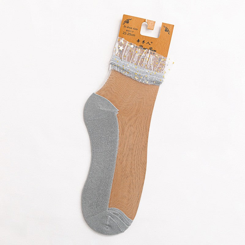 Star Chiffon Short Socks For Women, Ultra-thin Transparent Glass Fiber Starry Crystal Socks