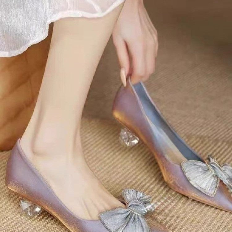 French Style Pointed Toe Chunky Mid-heel Single Shoes With Bow Detail, Fabric Upper, Design-oriented Niche Temperament Celebrity Style Dress Matching Pumps