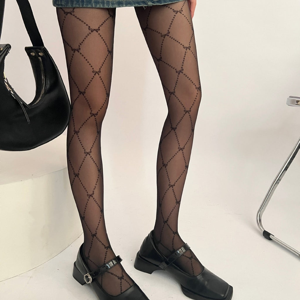 Lingge Cross Bow Silk Socks Women's Spring Summer Thin Jacquard Bow Pantyhose