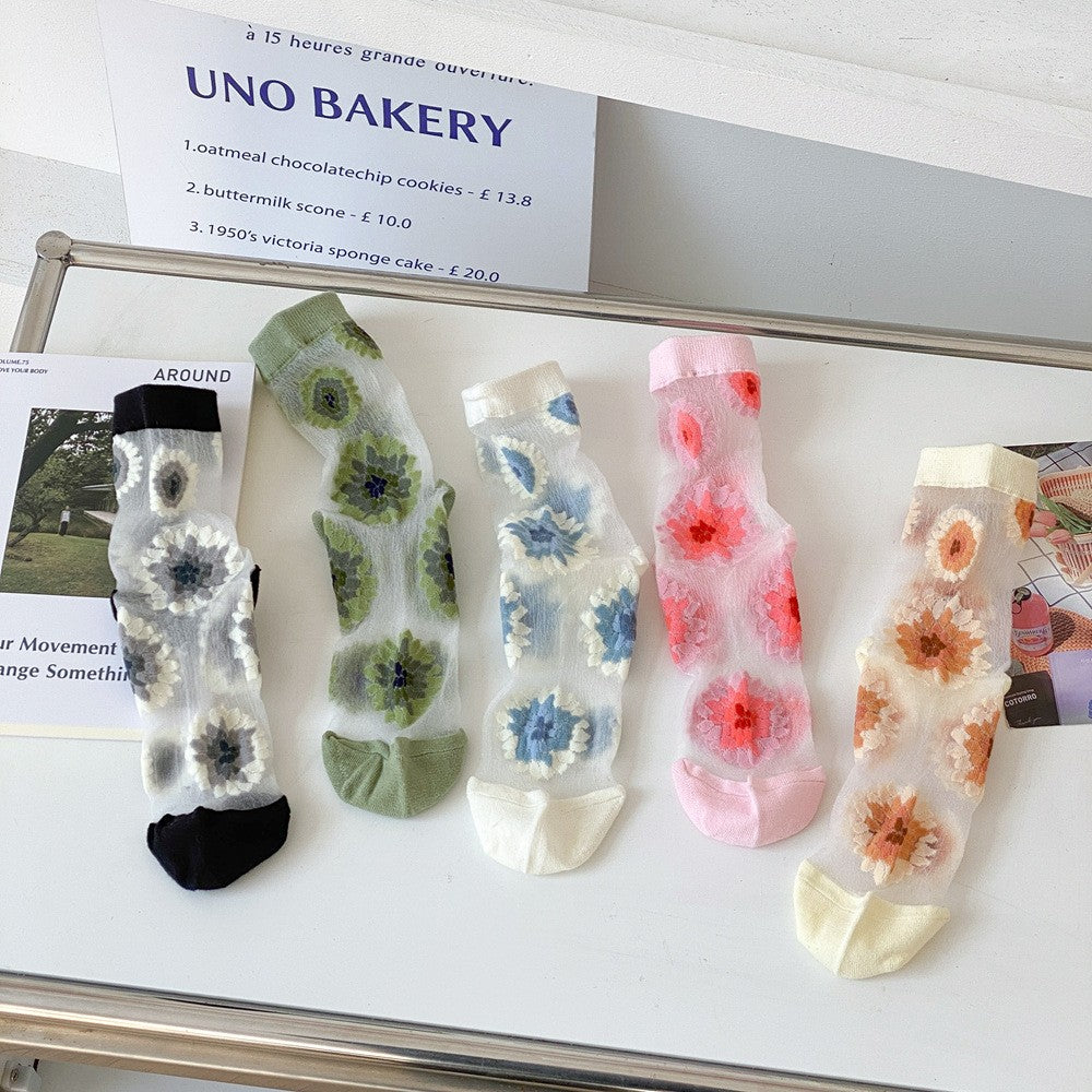 Spring And Autumn Boneless Retro Small Flowers Summer Stacking Socks For Girls Ice Silk Socks Trendy Thin Middle Tube Socks For Women