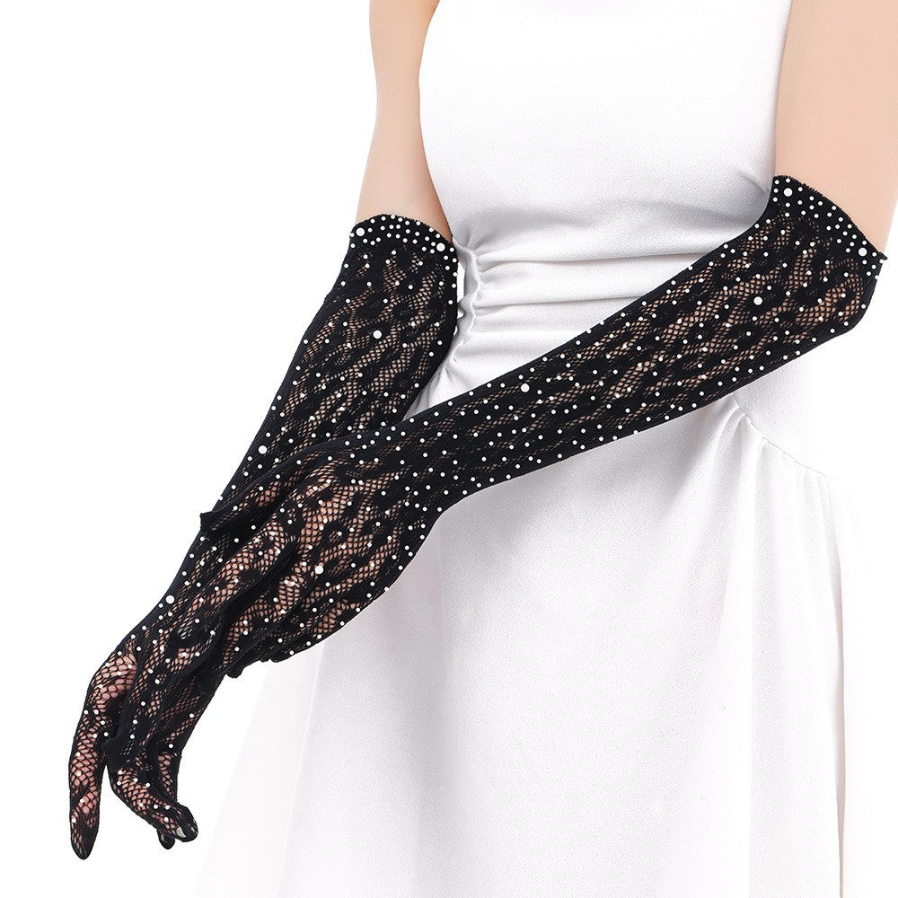 Hot Stamping Sexy Seductive Long Gloves Lace Mesh Five Finger Thin Leopard Print Gloves Dinner Party