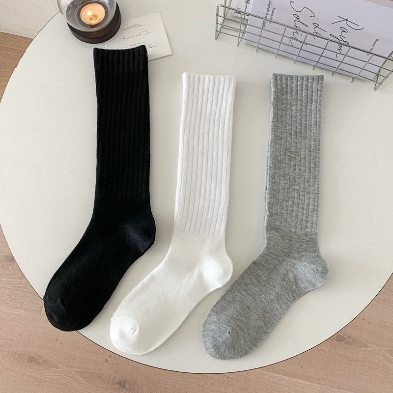 Classic Solid Color Ribbed Crew Socks, Casual Knit Socks For Women, Simple Casual Footwear For Daily Use