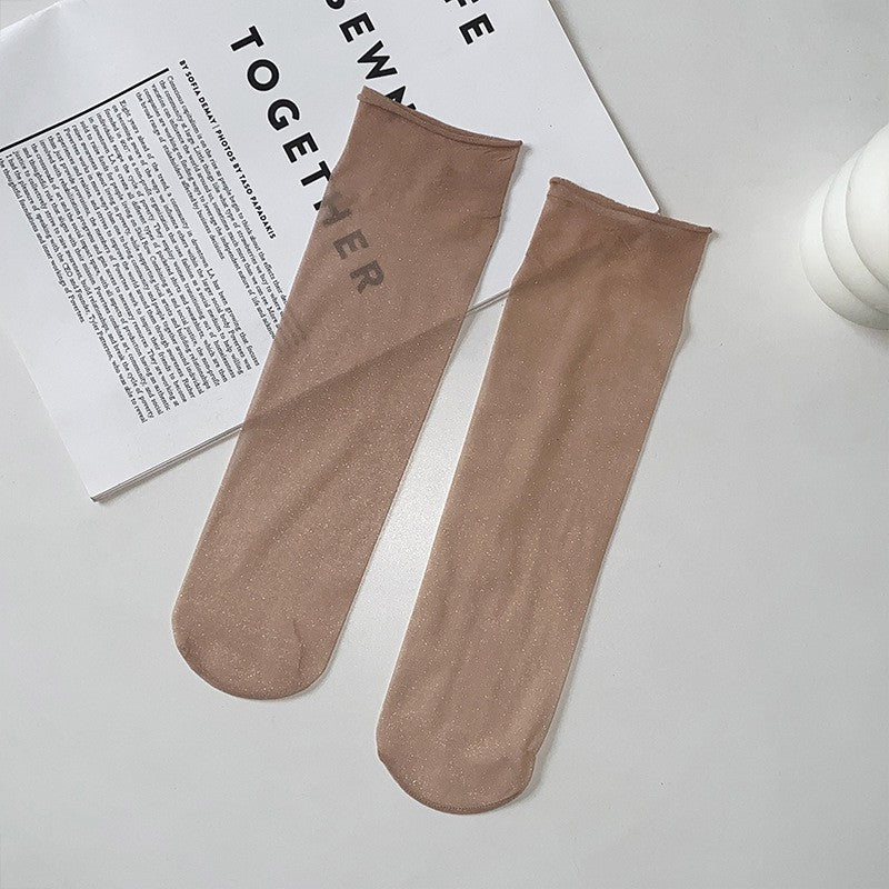 10pairs Thin Silk Stockings For Women In Spring And Autumn, Short Pearl Crystal Silk Midsole, Summer Breathable Short Stockings