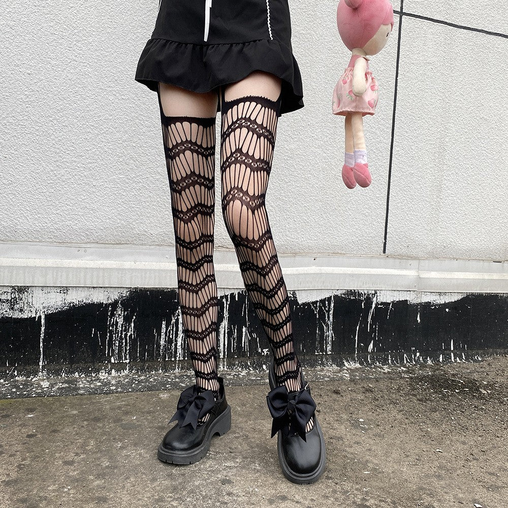 Stocking, Internet Celebrity, Diamond Shaped Lines, Black Silk, Thin Design, Japanese Retro Knee Length Stockings For Women