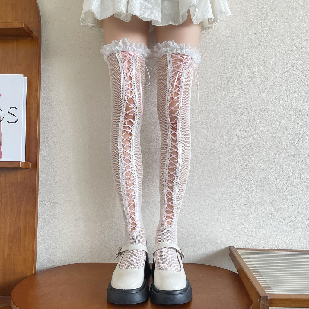 Hollow Lace Strap Ballet Style Fishing Net Lace Sexy Knee High Thigh Socks