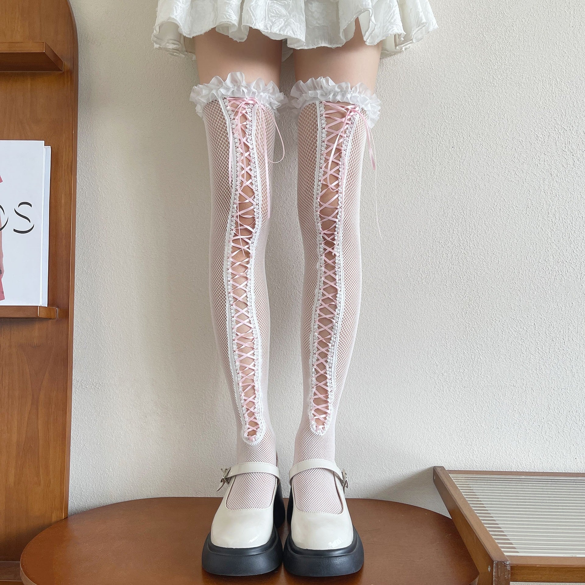 Hollow Lace Strap Ballet Style Fishing Net Lace Sexy Knee High Thigh Socks