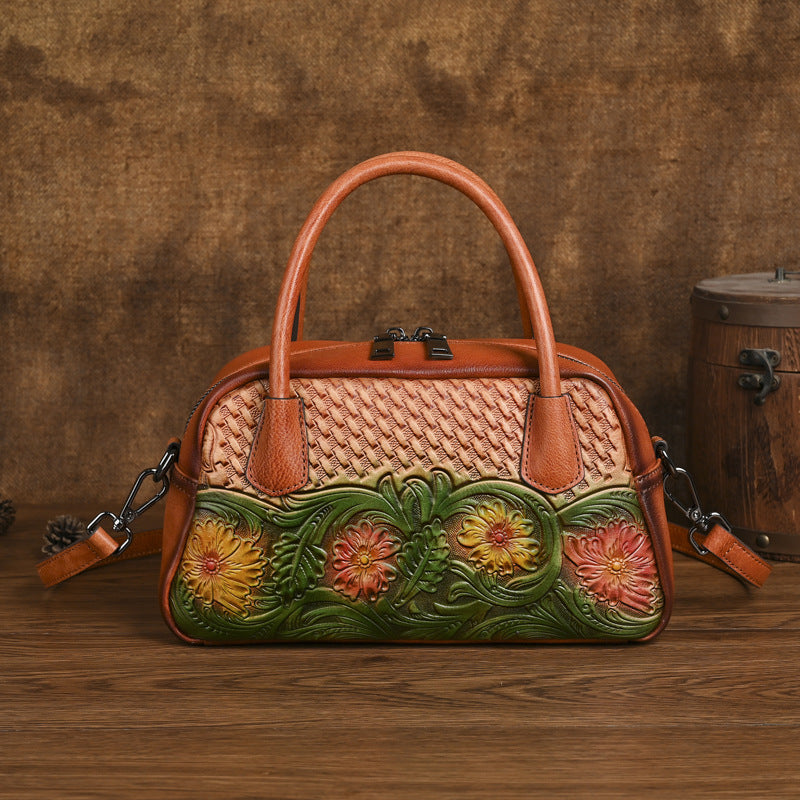 Retro Ethnic-style Full-grain Leather Shoulder Bag For Women