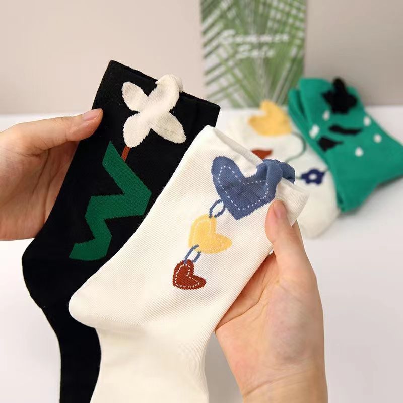 Whimsical Cartoon Print Crew Socks, Colorful Floral & Heart Pattern Knit Socks, Women's Fun Casual Socks For Everyday & Preppy Outfits