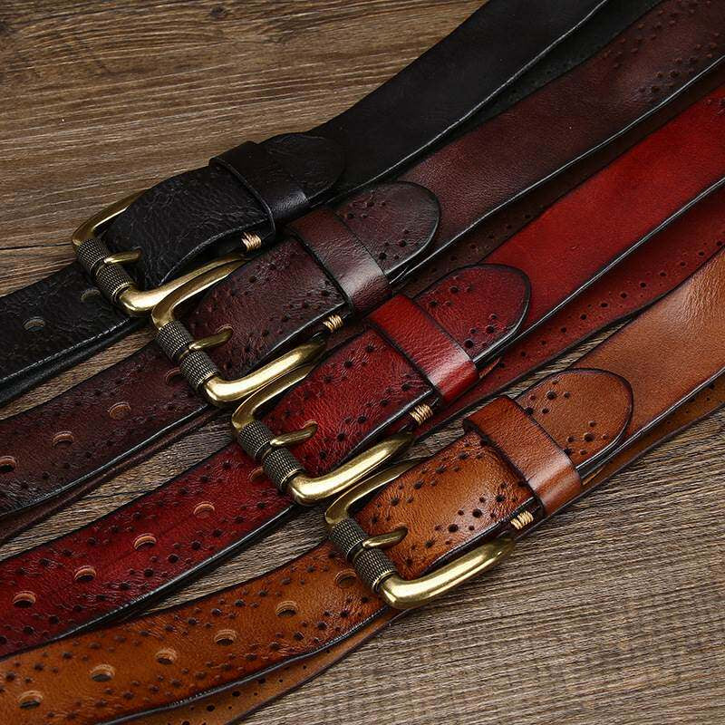Handmade Retro Chino-style Belt With A Top-layer Cowhide Hollowed-out Design And A Casual Zinc-alloy Buckle For Denim