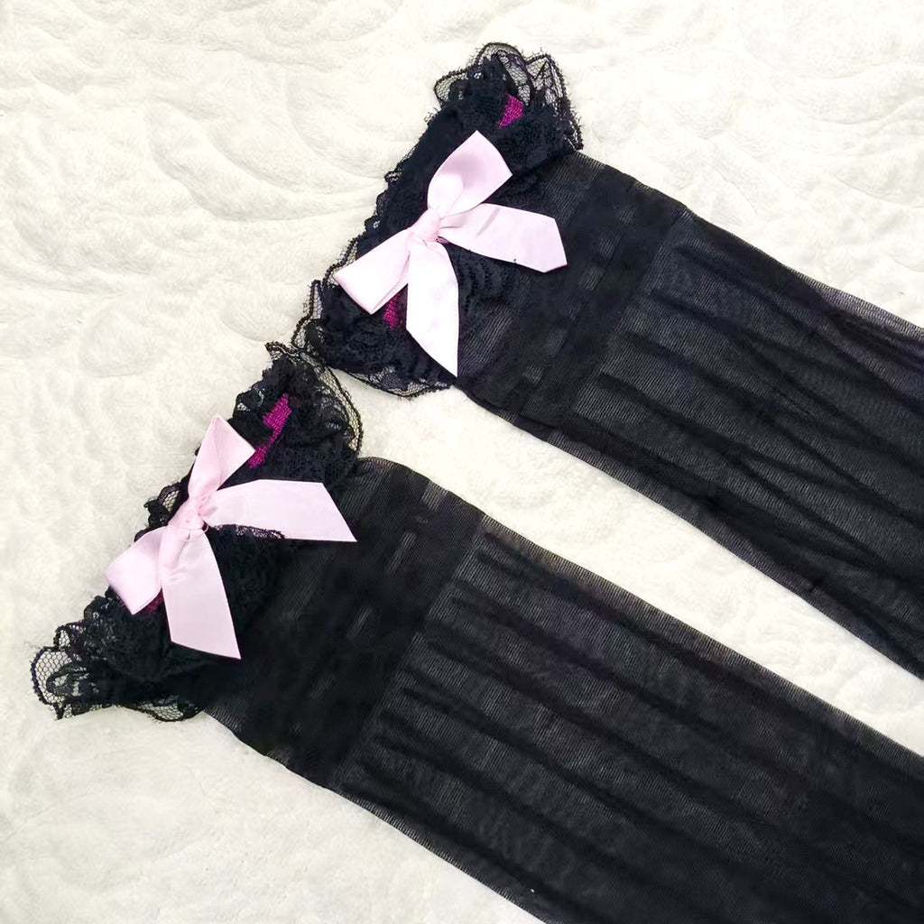 Skinny Striped Thin Bow Lace Lace High Stockings Long Stockings