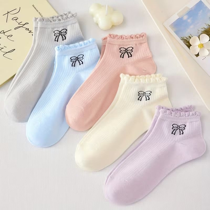 Cute Bow Print R Sock Set, Pastel Color Co Style Ankle Socks, Women's Sweet Ribbed Knit Socks For Casual & Daily Wear