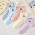 Cute Bow Print R Sock Set, Pastel Color Co Style Ankle Socks, Women's Sweet Ribbed Knit Socks For Casual & Daily Wear
