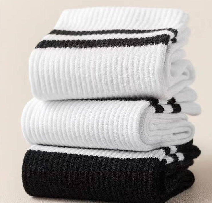 Women's Classic Black & White Striped Crew Socks, Basic Solid & Double Line Ribbed Knit Socks, Casual Sporty Mid-Calf Socks For Daily Wear