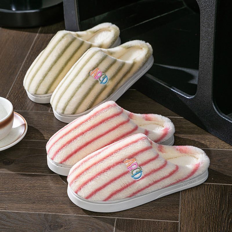 Ins Plush Striped Slippers Winter Warm Letter Embroidered Shoes Fashion Floor Bedroom Home Slipper For Women Men Couples