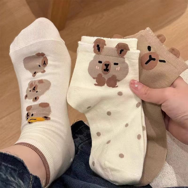 Cute Koala & Duck Print Crew Socks, 3D Cartoon Animal Knit Mid-Calf Socks, Women's Sweet Casual Socks For Daily Wear & Kawaii Style
