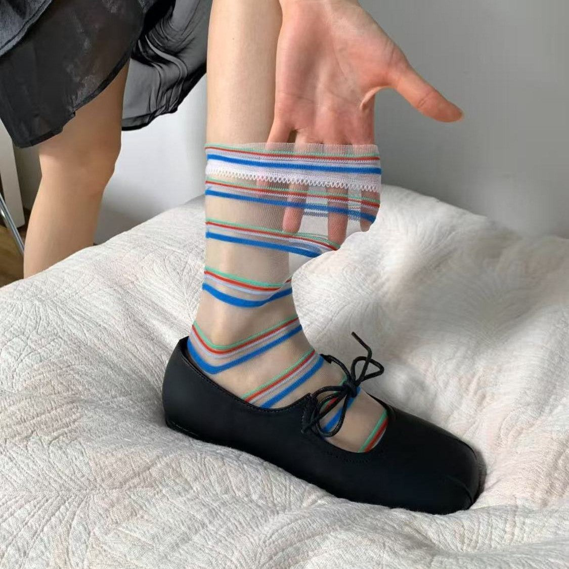 Y2K Sheer Mesh Crew Socks, Colorful Stripe & Floral Print Transparent Socks, Women's Cute Summer Socks For Mary Janes & Flats