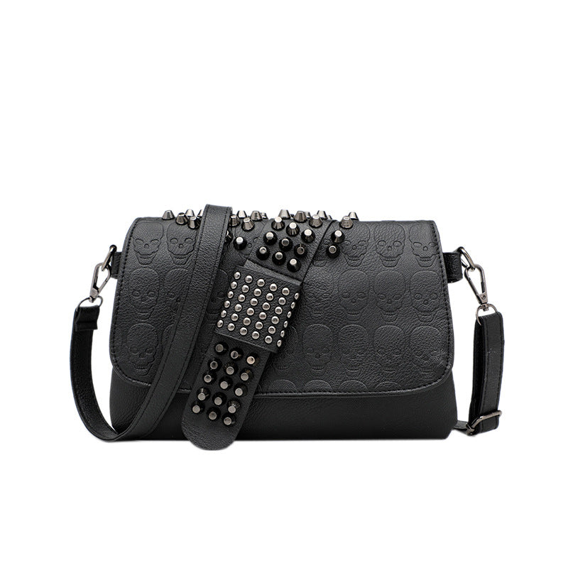 Womens Rivet Embossed Black Skull Shoulder Crossbody Bag