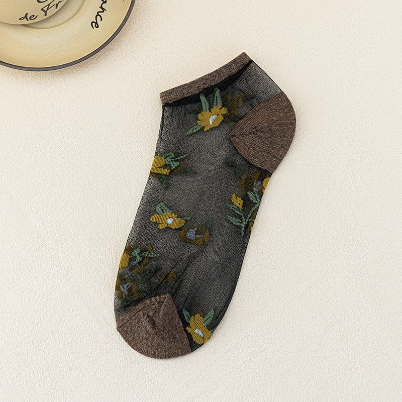 5pairs Spring Summer New Ship Socks Women's Flower Ship Socks Breathable Glass Fiber Ship Socks