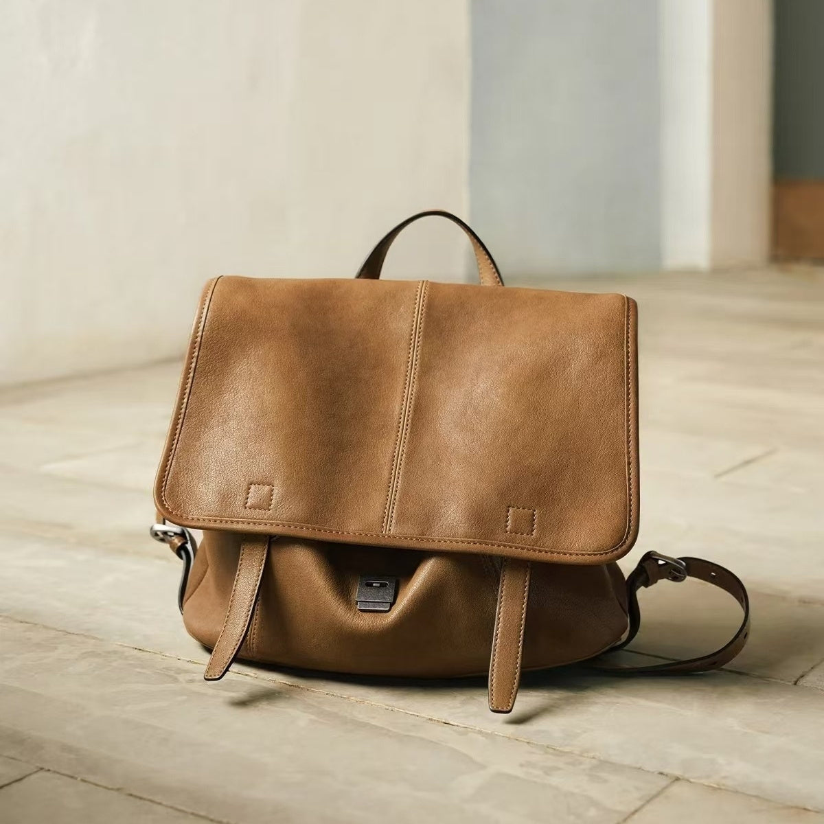 Vegetable-Tanned Leather Messenger Backpack