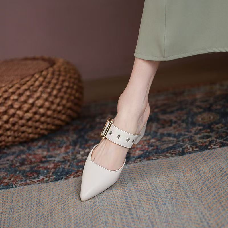 Womens Korean-style Pointed-toe Chunky-heel Closed-toe Slippers