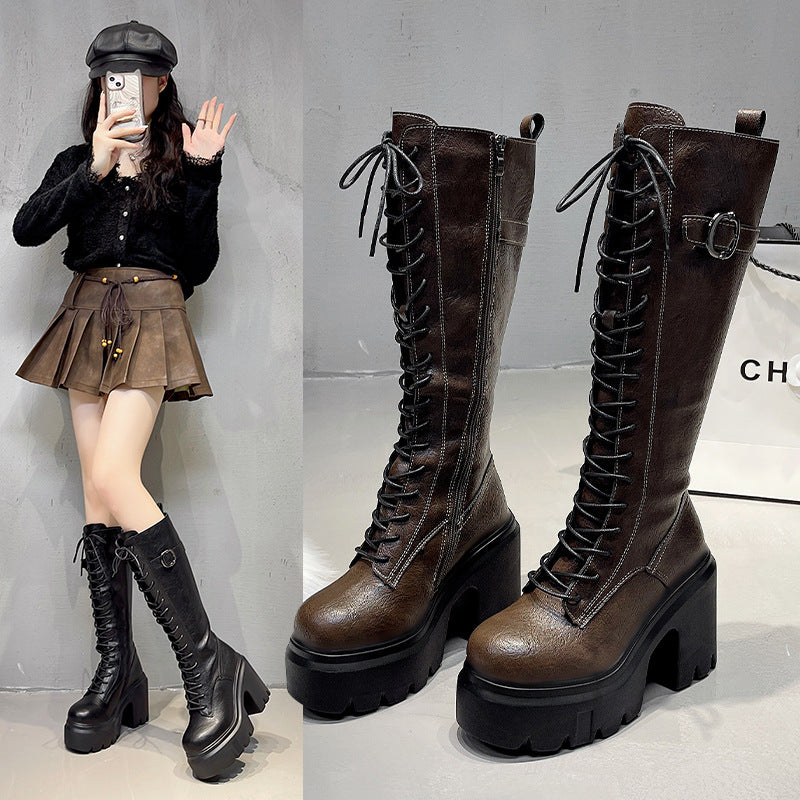 Womens Versatile High-heeled Round-toe Lace-up Over-the-knee Boots
