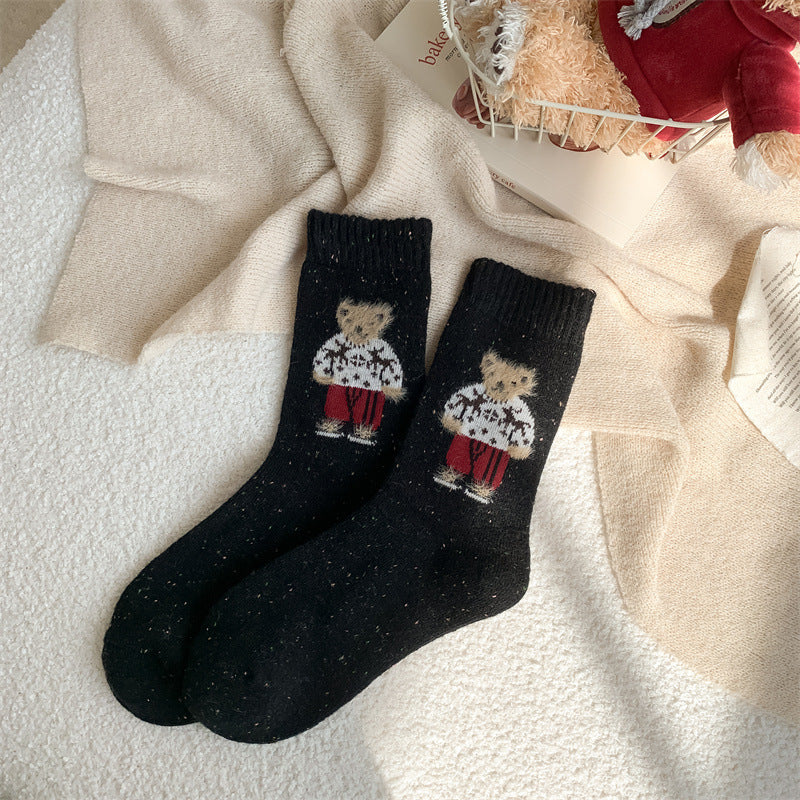 Cute Bear Print Ribbed Crew Socks, Warm Winter Casual Knit Socks For Women, Cozy Soft Neutral Color Socks