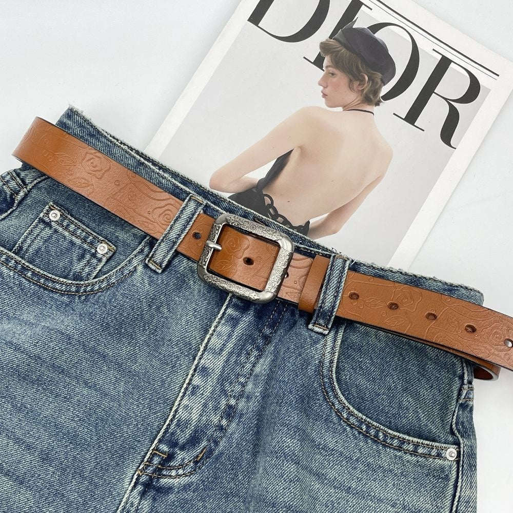 Vintage Leather Belt For Women Fashionable Embossed Cowhide