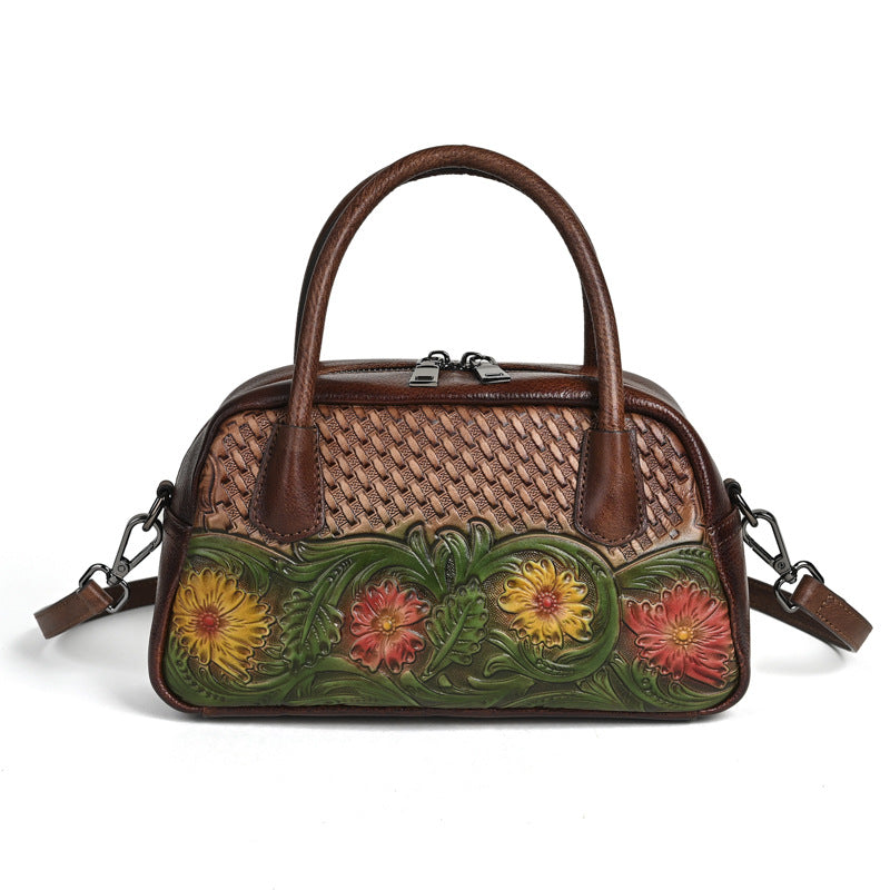 Retro Ethnic-style Full-grain Leather Shoulder Bag For Women