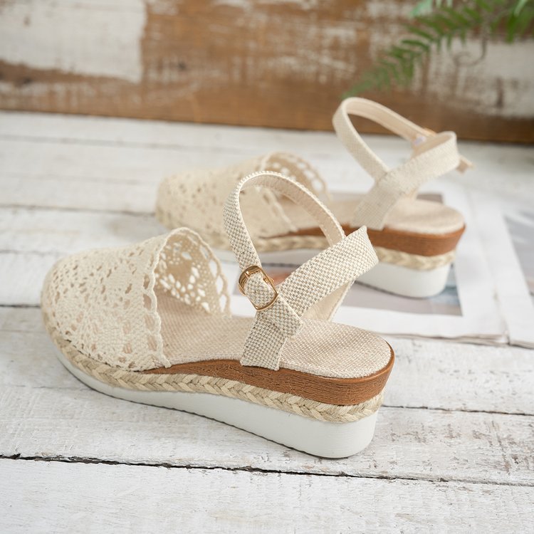 Straw-woven Wedge Sandals Womens Summer Platform Thick-soled Waterproof High Heels