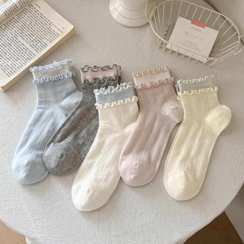 5pairs Women's Spring And Summer Thin Black Fungal Edge Short Tube Socks Wholesale Versatile Lolita Cute Women's Socks