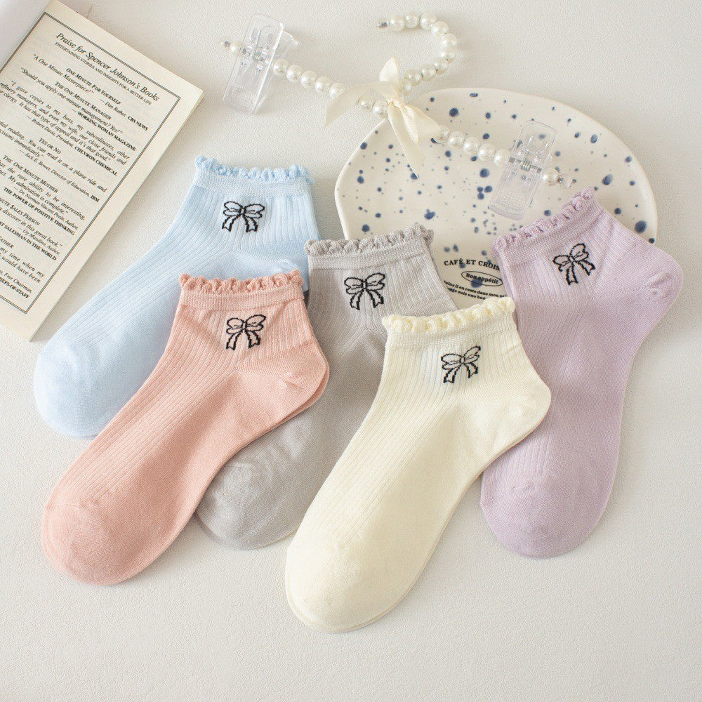 Cute Bow Print R Sock Set, Pastel Color Co Style Ankle Socks, Women's Sweet Ribbed Knit Socks For Casual & Daily Wear