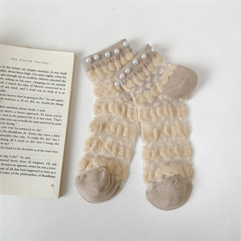 5 Pairs Of New Pearl Card Silk Thin Boat Socks, Small Flower Glass Silk Casual Women's Socks
