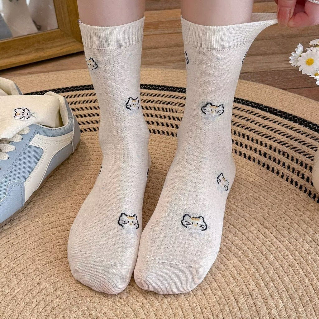 Cute Cat Print Mesh Crew Socks, Coquette Slouch Knit Socks With Cat Embroidery, Women's Breathable Casual Socks For Sneakers & Summer