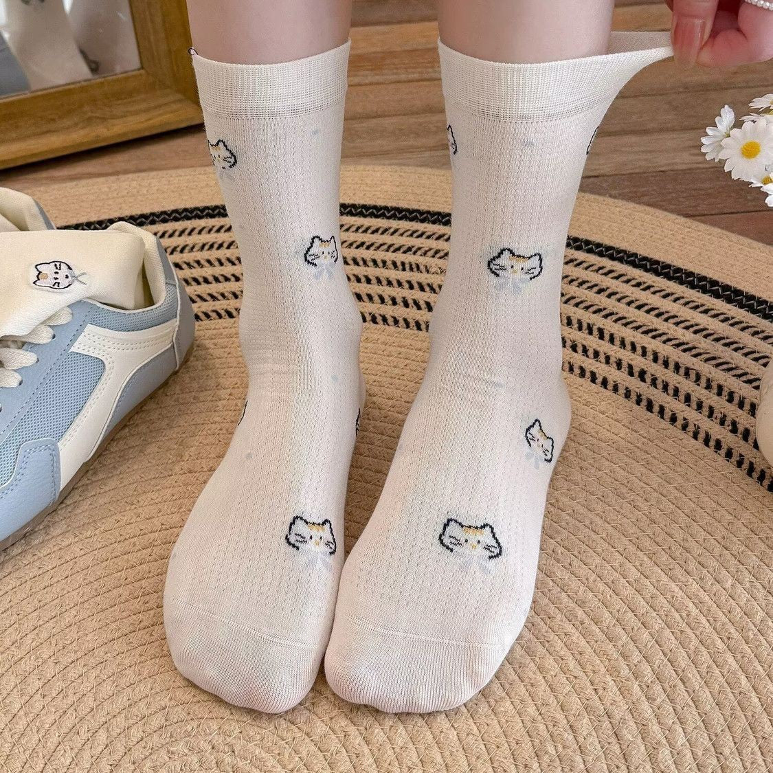Cute Cat Print Mesh Crew Socks, Coquette Slouch Knit Socks With Cat Embroidery, Women's Breathable Casual Socks For Sneakers & Summer