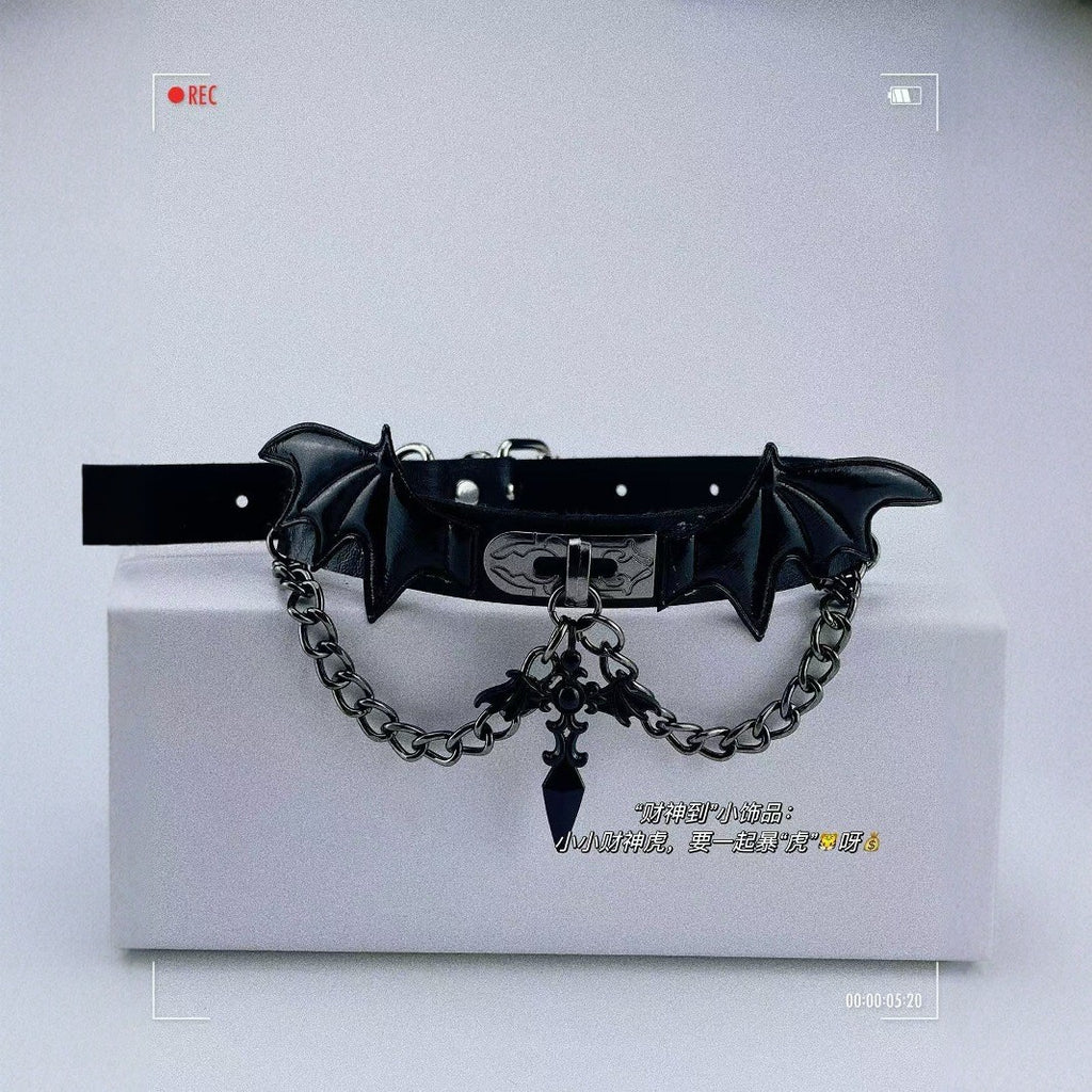 Dark Cross Devil Wings Choker Leg Ring Leather Necklace Bold Girl Punk Style