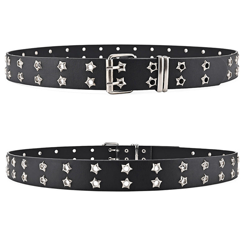 Double-Row Eyelet Belt With Hollowed-Out Design Casual Punk Leather Belt For Women