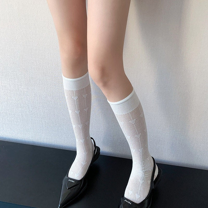 Summer Temperament Dopamine Calf Socks Children's Love Hollow Mesh Knee Pile Socks Long Socks