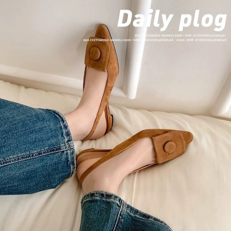 French Retro Metal Buckle Pointed Toe Slingback Flats For Women