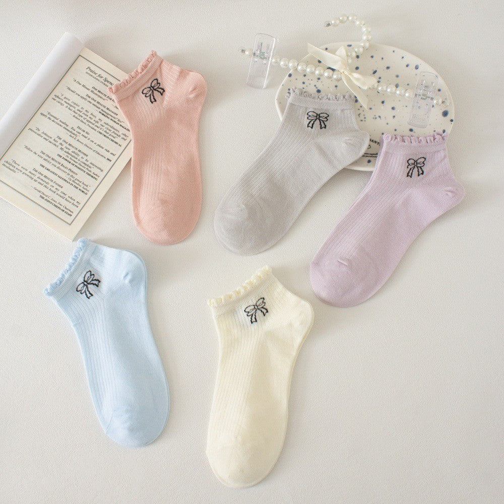Cute Bow Print R Sock Set, Pastel Color Co Style Ankle Socks, Women's Sweet Ribbed Knit Socks For Casual & Daily Wear