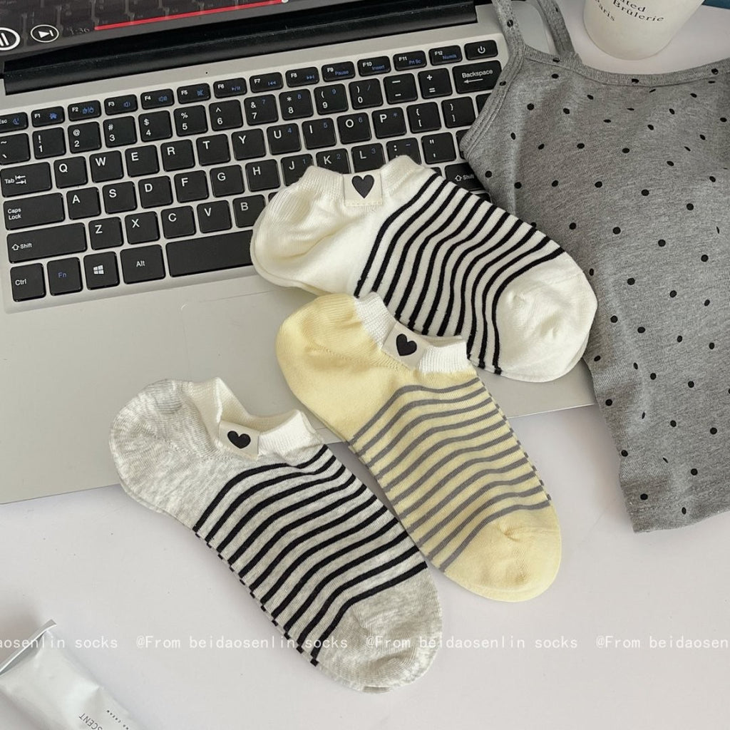 5pairs Spring And Summer New Ship Socks, Striped Socks, Children's Versatile, Large Heel, Women's Short Socks, Low Top, Shallow Mouth