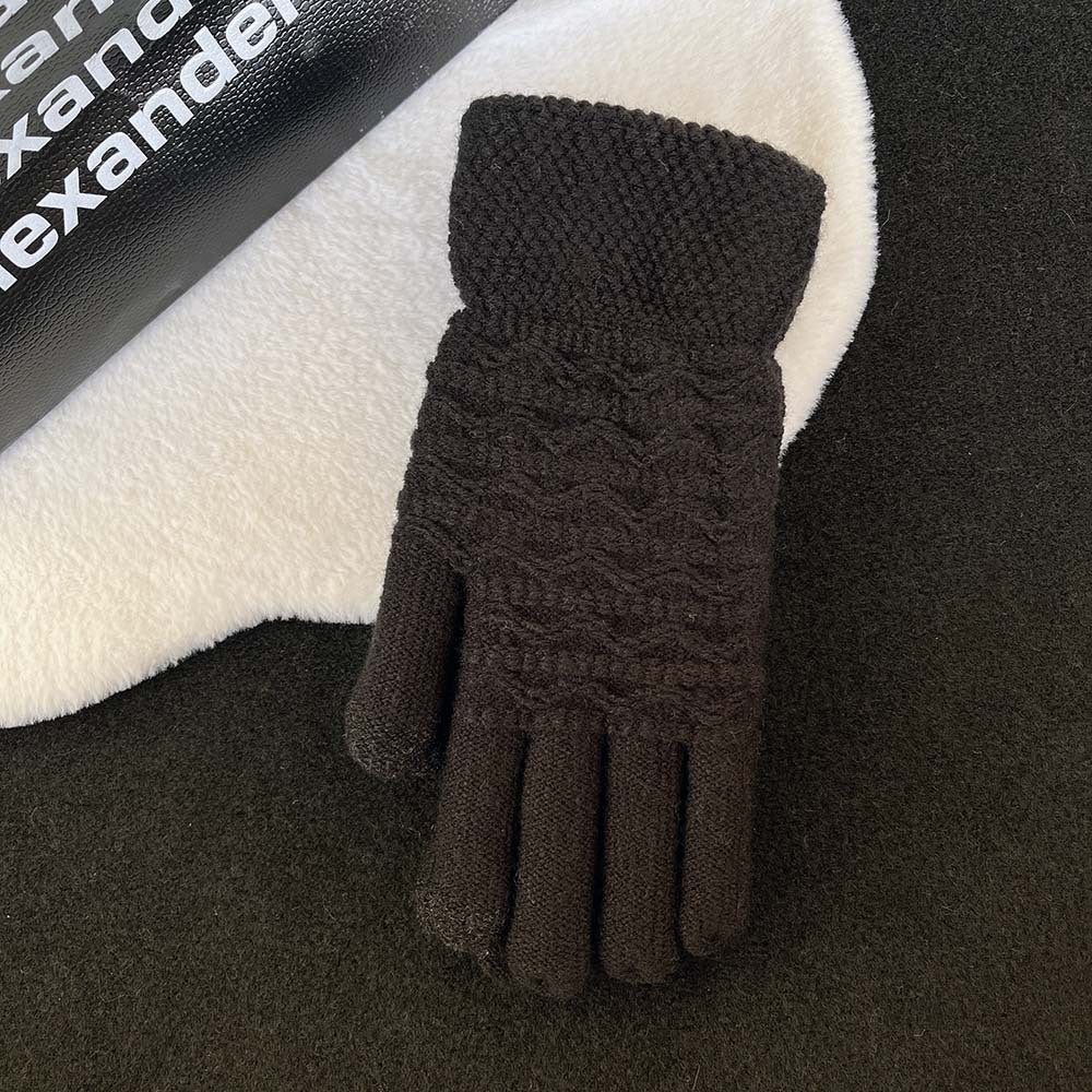 Women's Wave Patterned Double-layer Velvet Thickened Knitted Gloves