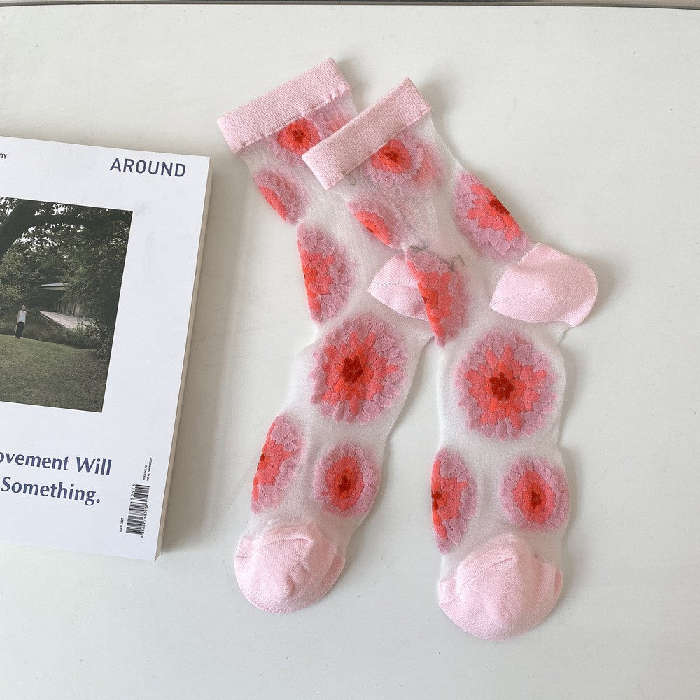 Spring And Autumn Boneless Retro Small Flowers Summer Stacking Socks For Girls Ice Silk Socks Trendy Thin Middle Tube Socks For Women
