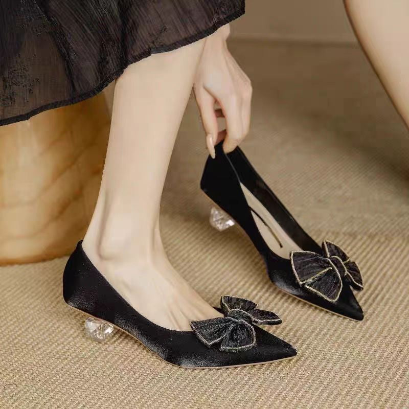 French Style Pointed Toe Chunky Mid-heel Single Shoes With Bow Detail, Fabric Upper, Design-oriented Niche Temperament Celebrity Style Dress Matching Pumps