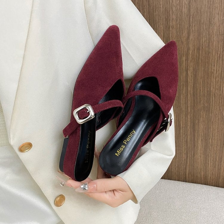 Women's Suede Pointed Toe Buckle Mule Slides